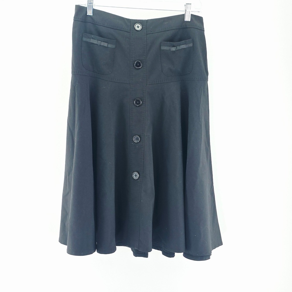Larry Levine Skirt Womens 6 Black Button Front Midi A-Line Stretch Pockets Bows